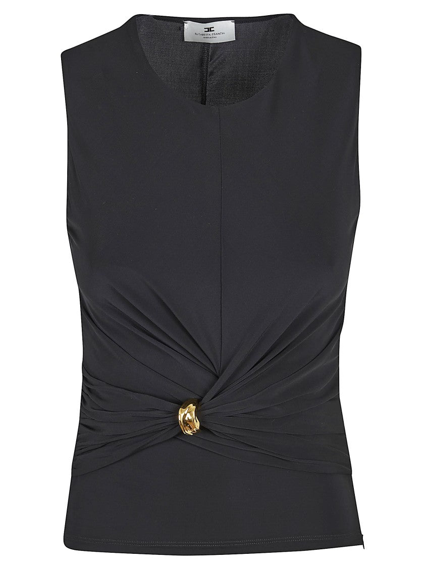 Elisabetta Franchi Fitted Jersey Top With Central Drape And Jeweled Tie