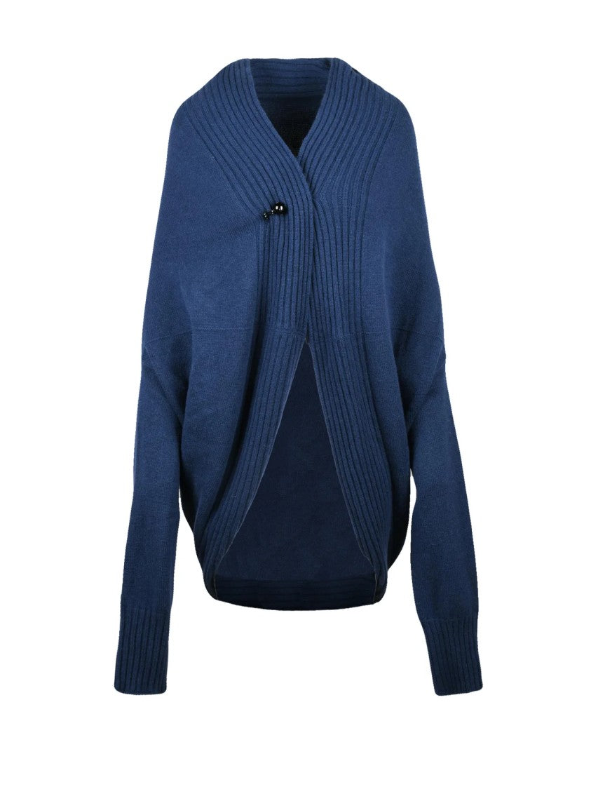 Alberta Ferretti Unstructured Blue Cardigan With Brooch Closure And Textured Accents