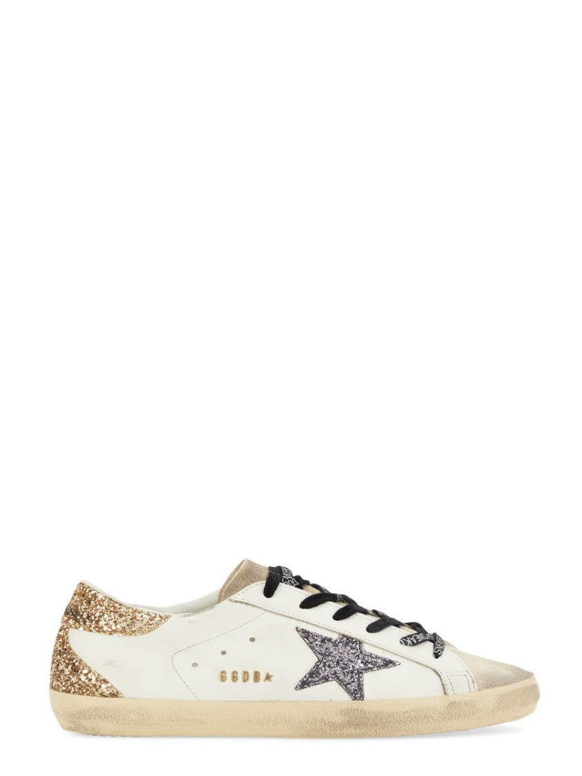 Golden Goose Superstar Distressed Glitter Accent Leather Sneakers