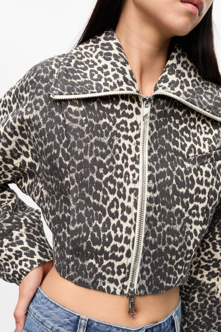 Ganni Leopard Print Cropped Jacket With Curved Sleeves