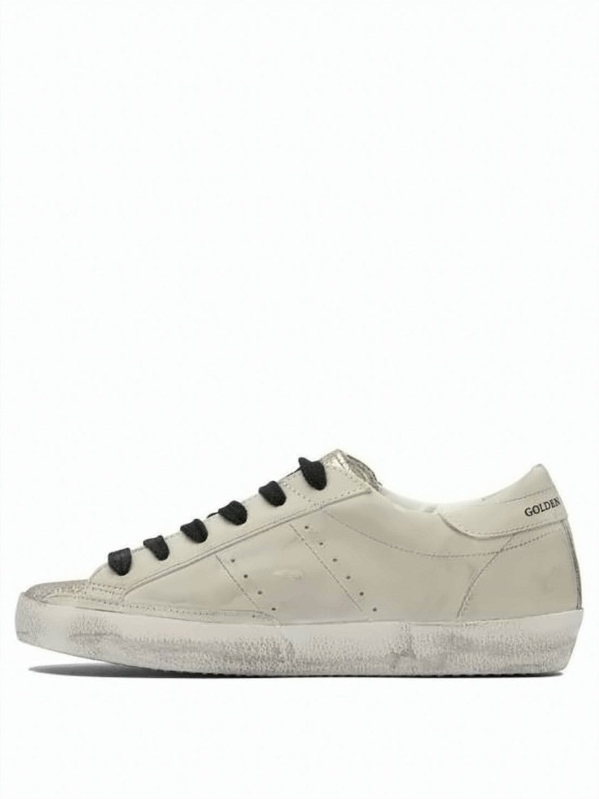Golden Goose Distressed White Leather Sneakers With Leopard Print Star Detail
