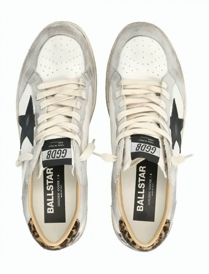 Golden Goose Distressed White Leather Sneakers With Grey Suede Overlays And Leopard Print Detail