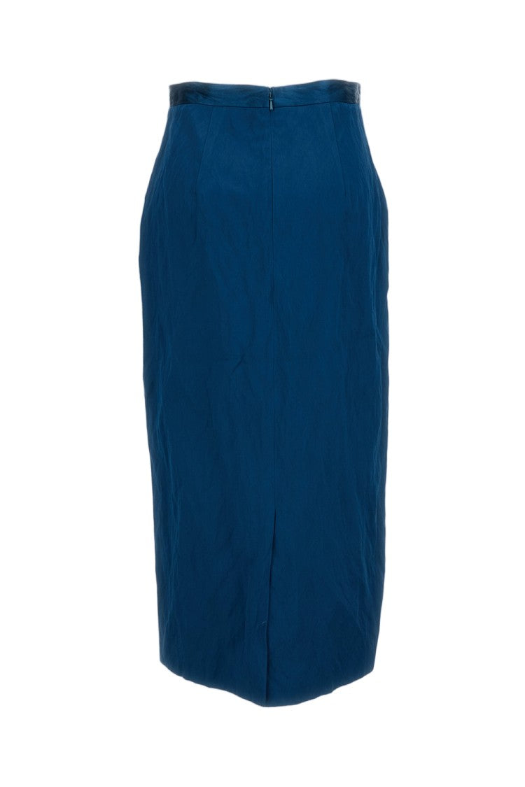 Erdem Blue Embroidered High-Waisted Satin Midi Pencil Skirt