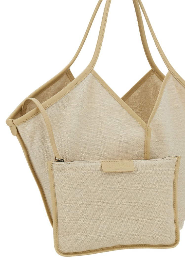 Hereu Cream White Linen Tote Bag With Leather Details