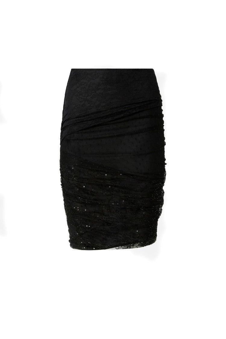 Pinko Black Nylon Sequin-Embellished Ruched Midi Skirt