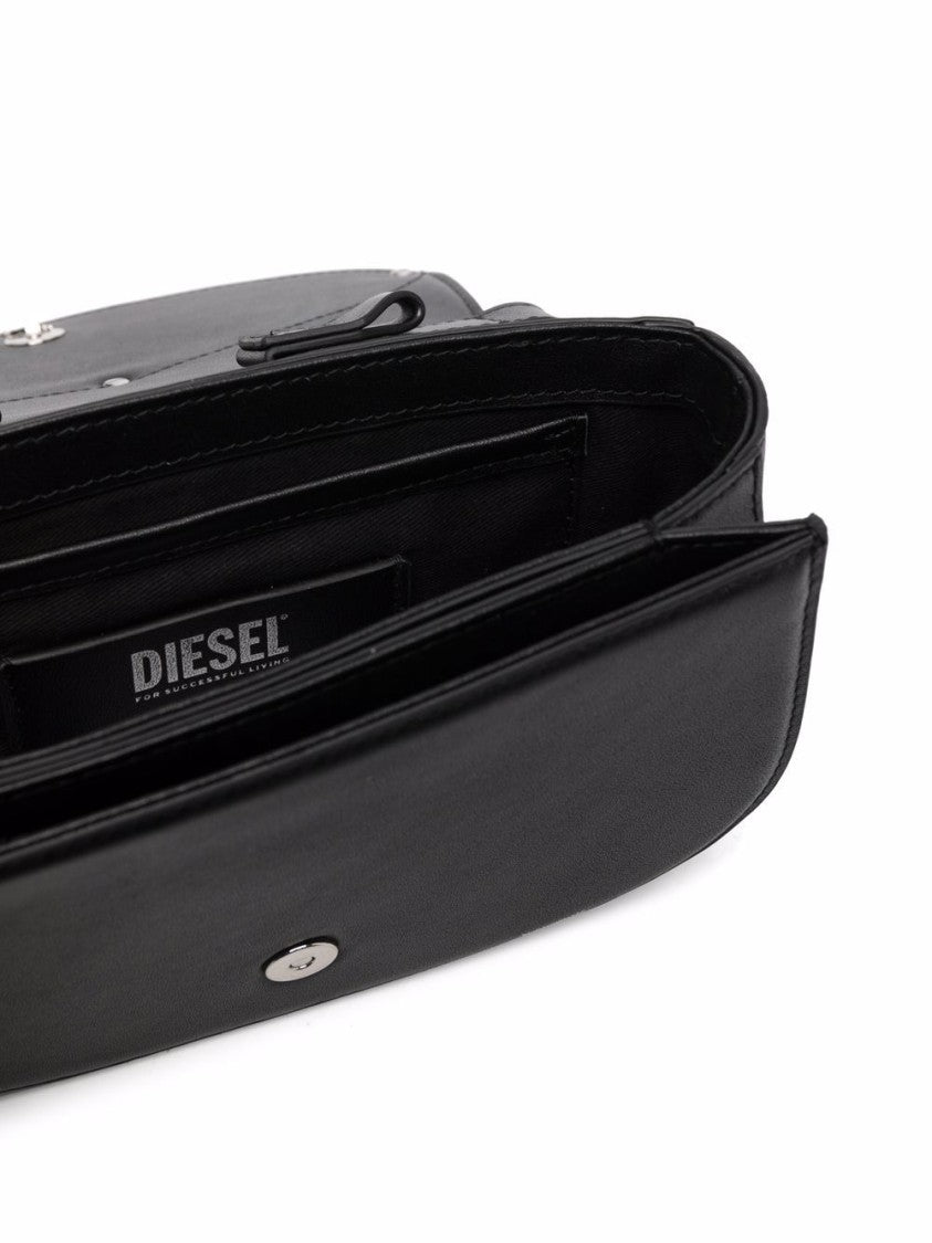 Diesel Black Leather Foldover Logo Plaque Bag