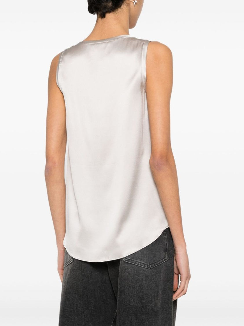 Brunello Cucinelli Black Satin-Finish Sleeveless Scoop Neck Top