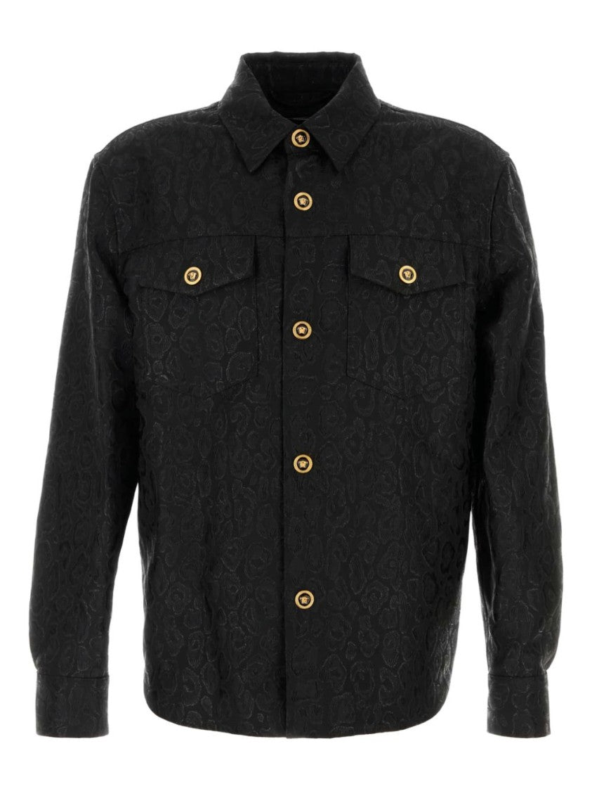 Versace Leopard Jacquard Overshirt In Black Wool Blend