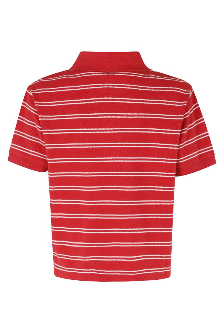 Sporty And Rich Red Signature Logo Striped Boxy Cotton Polo Shirt