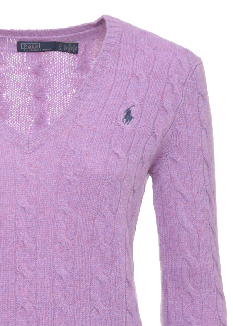 Polo Ralph Lauren Purple V-Neck Cable-Knit Wool Sweater