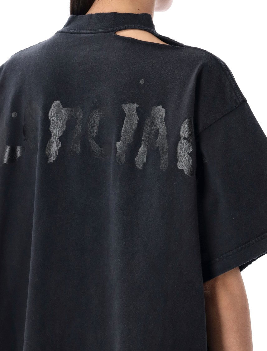 Balenciaga Distressed Black Oversized T-Shirt With Ribbed Crew Neck