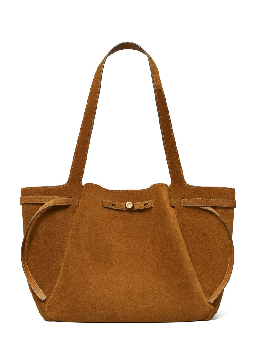 Tory Burch Spacious Brown Suede Tote With Leather Trim Accents