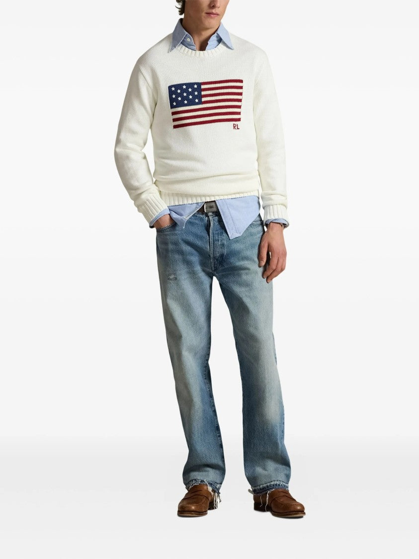 Polo Ralph Lauren Off-White Pullover Flag Motif Cotton Pullover