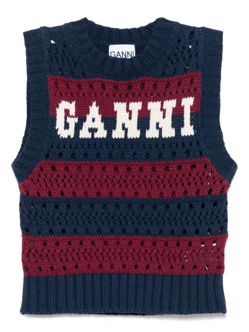 Ganni Striped Organic Cotton Knitted Vest With Intarsia Logo