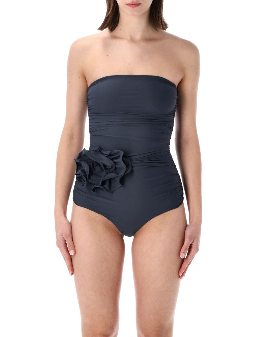Magda Butrym Strapless Draped Floral One Piece Swimsuit