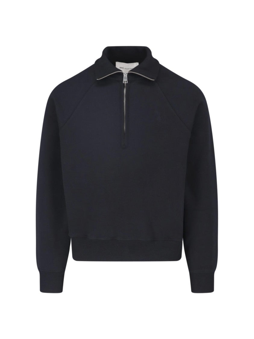 Ami Paris Black Cotton Half-Zip Sweatshirt