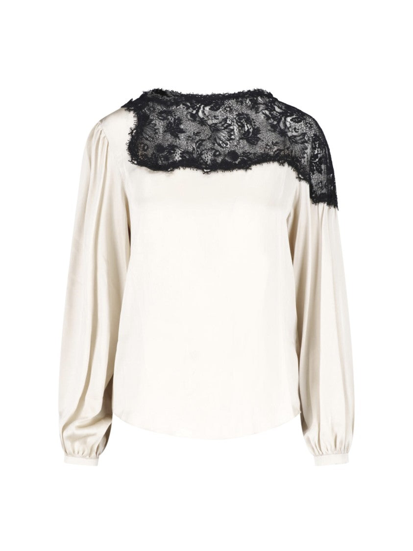 Isabel Marant Silk Satin Floral Lace Long-Sleeved Top
