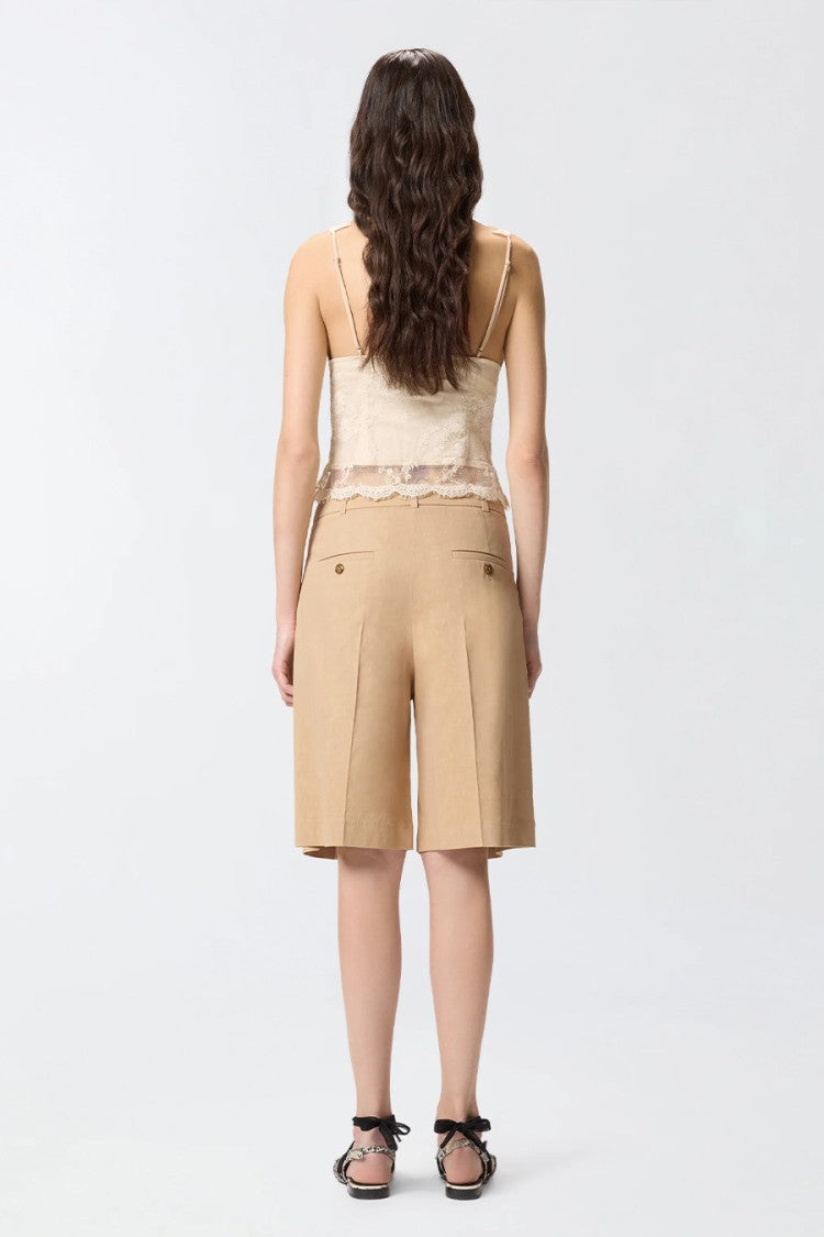 Pinko Beige Pleated Front Wide-Leg Linen-Blend Shorts