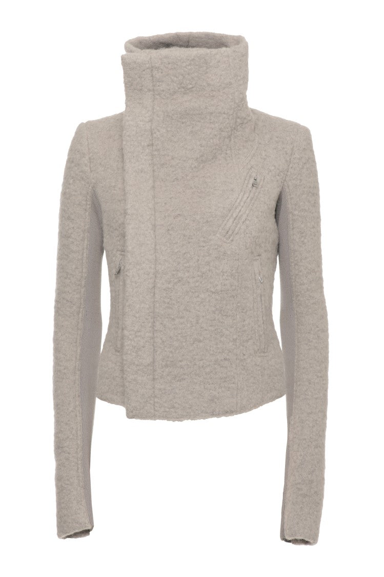 Rick Owens High Neck Gray Jacket With Textured Fabric And Cropped Fit