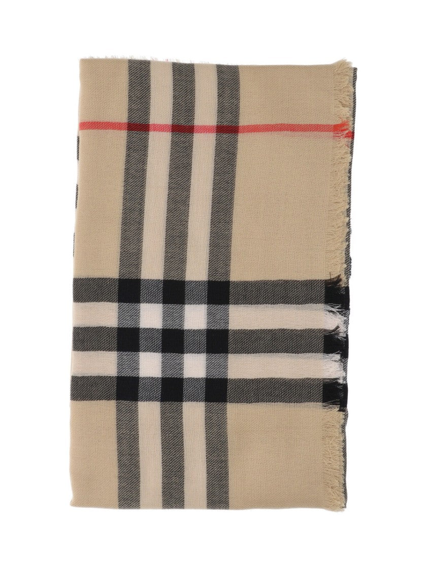 Burberry Beige Wool Check Scarf With Fringed Edges