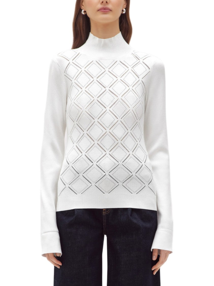 Blugirl Tailored White Sweater With Textured Diamond Pattern