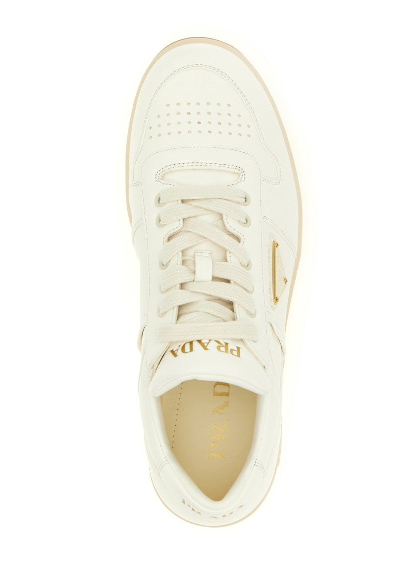 Prada Sleek Nappa Leather Sneakers With Metal Triangle Logo