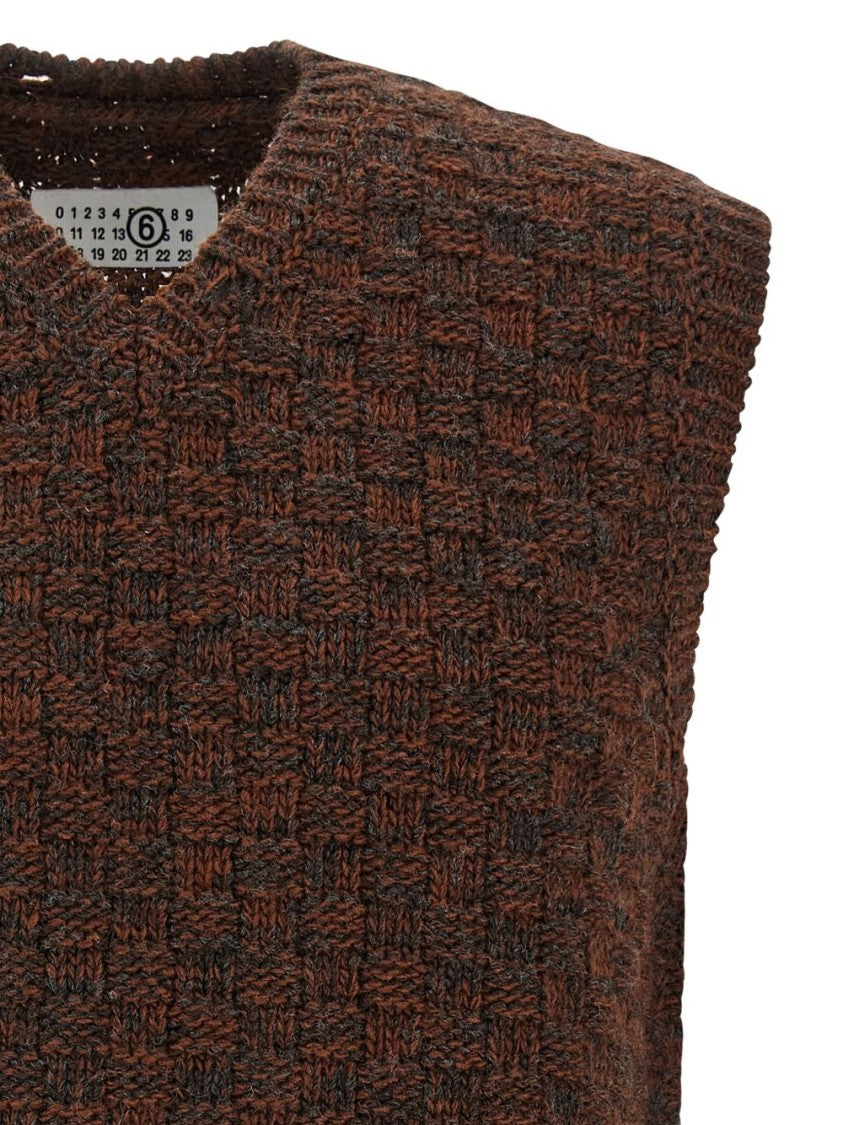 Mm6 By Maison Margiela Textured Brown Knit Gilet With Checkerboard Pattern
