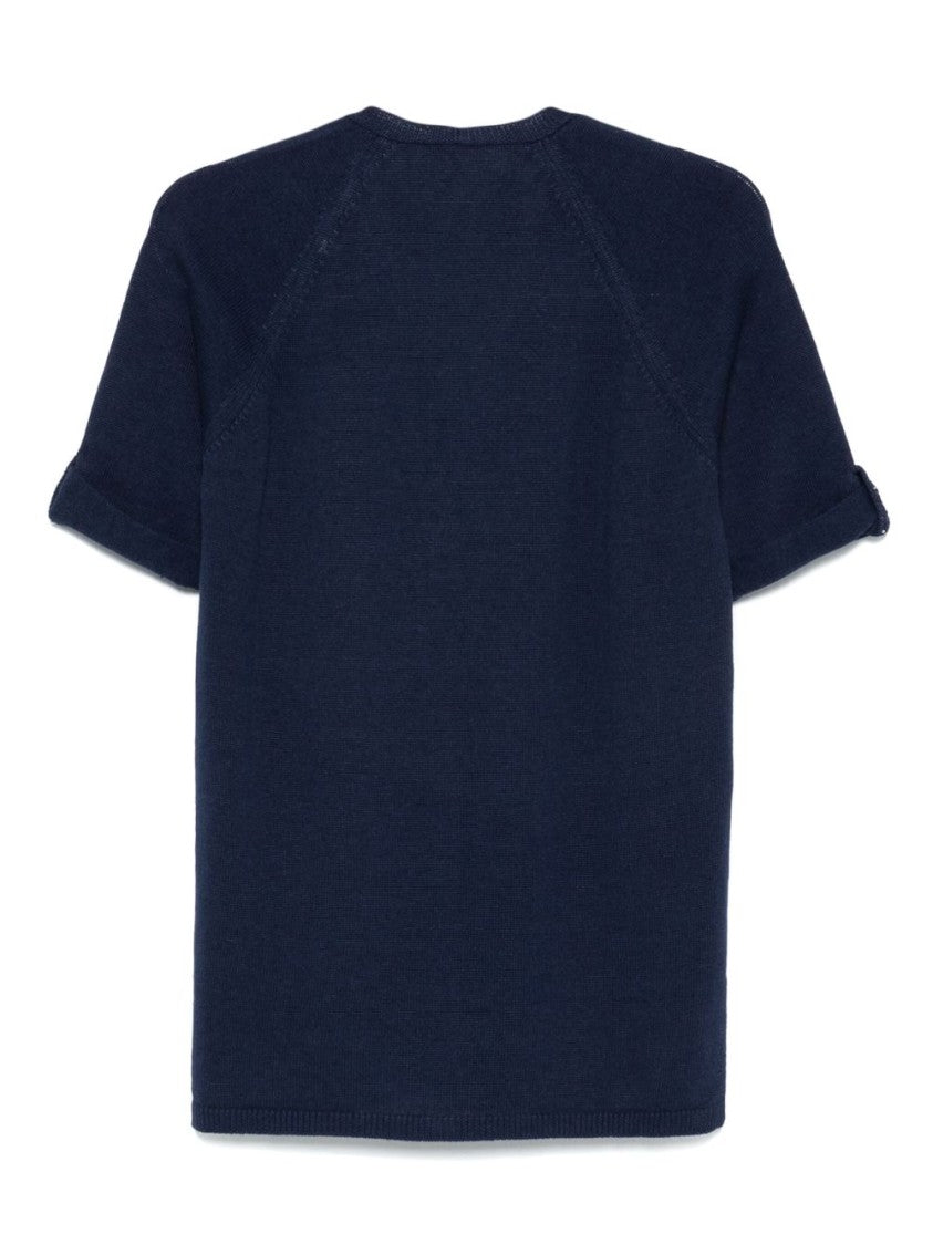 Le Tricot Perugia Short-Sleeved Blue Cardigan With Hidden Closure