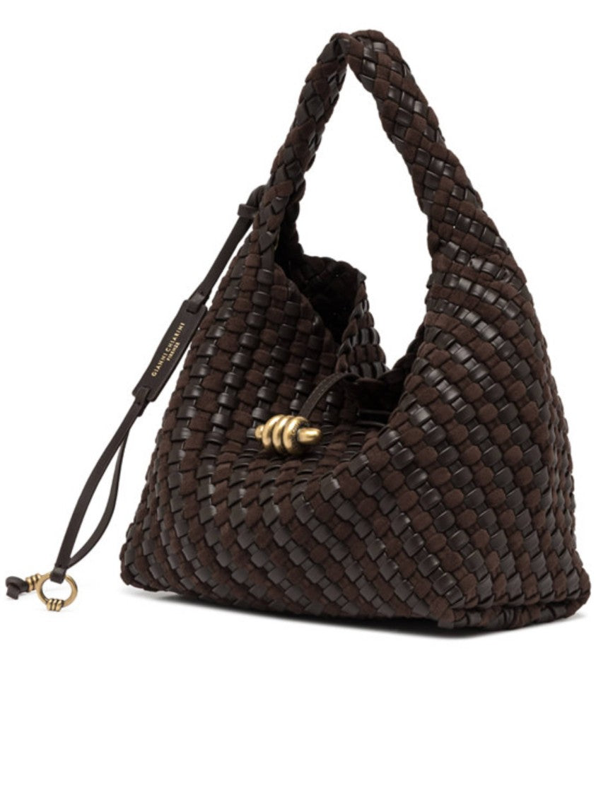 Gianni Chiarini Textured Dark Brown Woven Shoulder Bag With Braided Handle