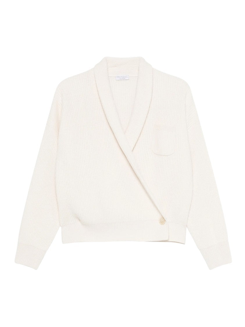 Brunello Cucinelli Cardigan Wrap-Style Shawl Collar Ribbed Knit Cardigan