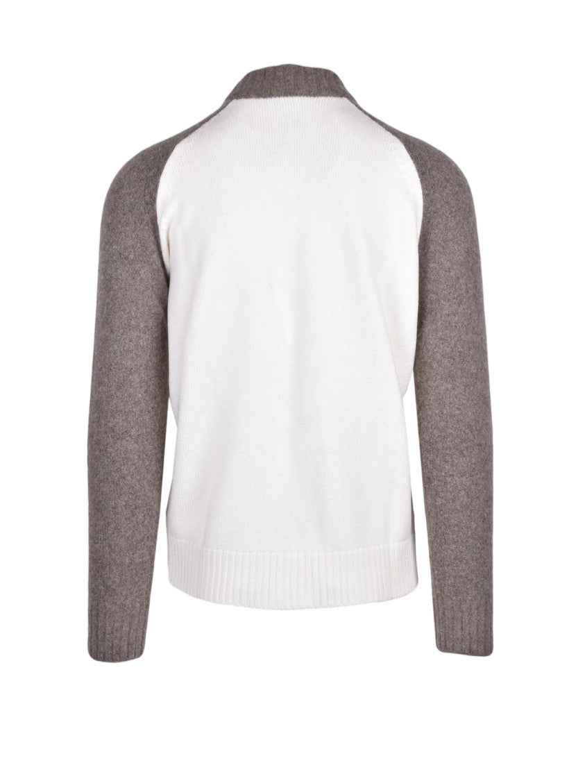 Kangra White-Brown Merino Wool Zip Cardigan
