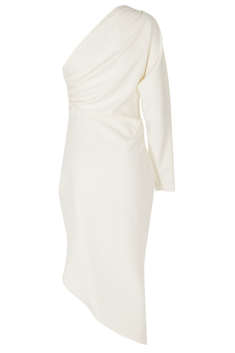Federica Tosi Beige Draped One-Shoulder Asymmetrical Polyester Long Evening Dress