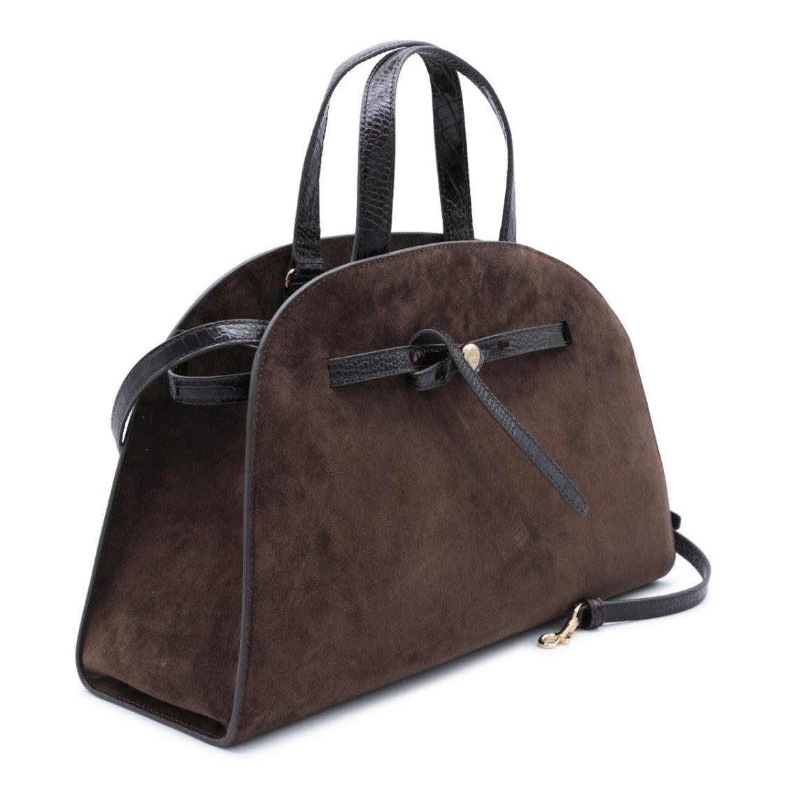 Tory Burch Dark Brown Suede Gold-Tone Structured Top Handle Bag