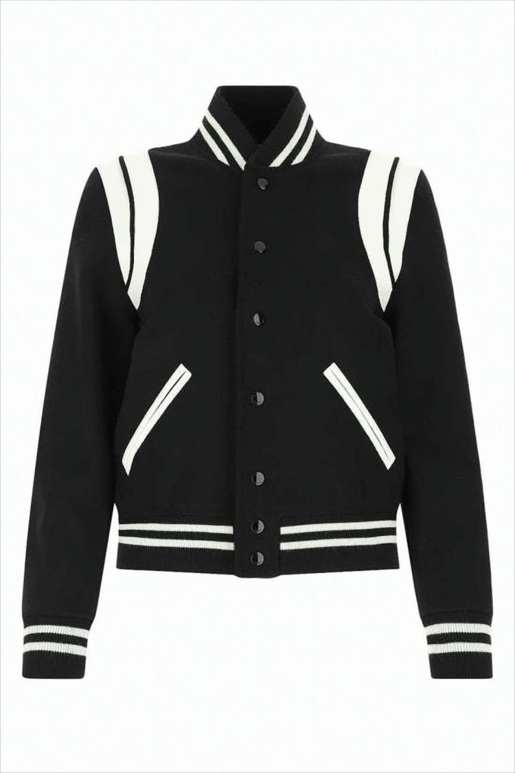 Saint Laurent Cropped Varsity Jacket With White Striped Details