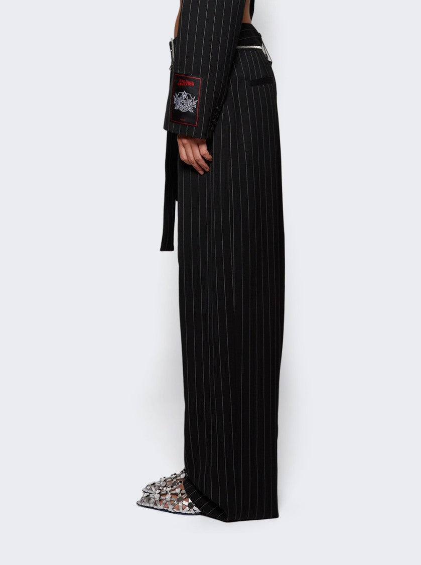 Jean Paul Gaultier Pinstripe Wool Belted Suit Pants Black