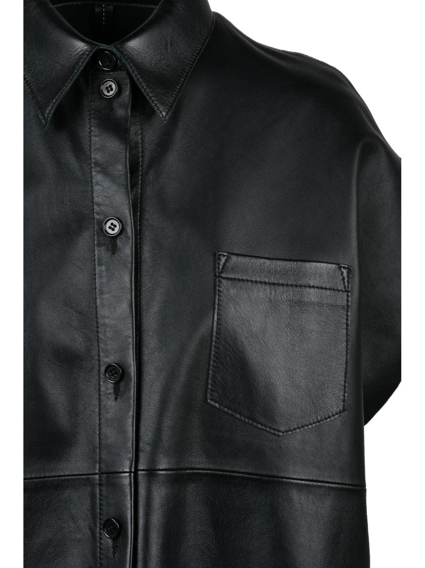 Mm6 By Maison Margiela Black Leather Shirt With Round Cut And Modern Silhouette
