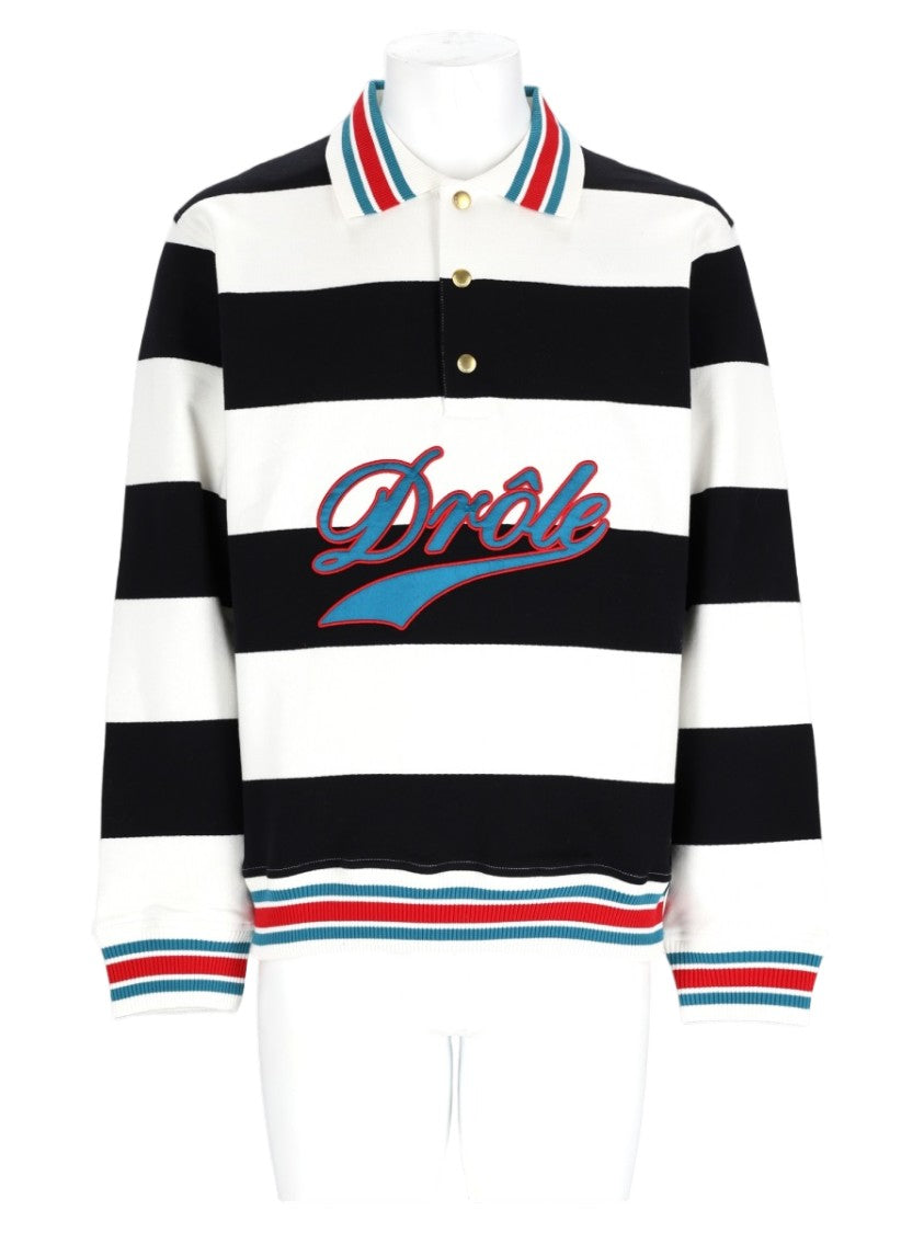 Drôle De Monsieur White Bold Striped Long-Sleeve Cotton Polo Shirt