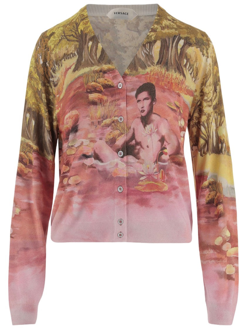 Versace Naturist Print Silk Cardigan With V-Neck
