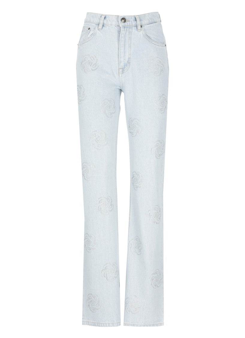Rotate Light Blue Cotton Jeans With Strass Details
