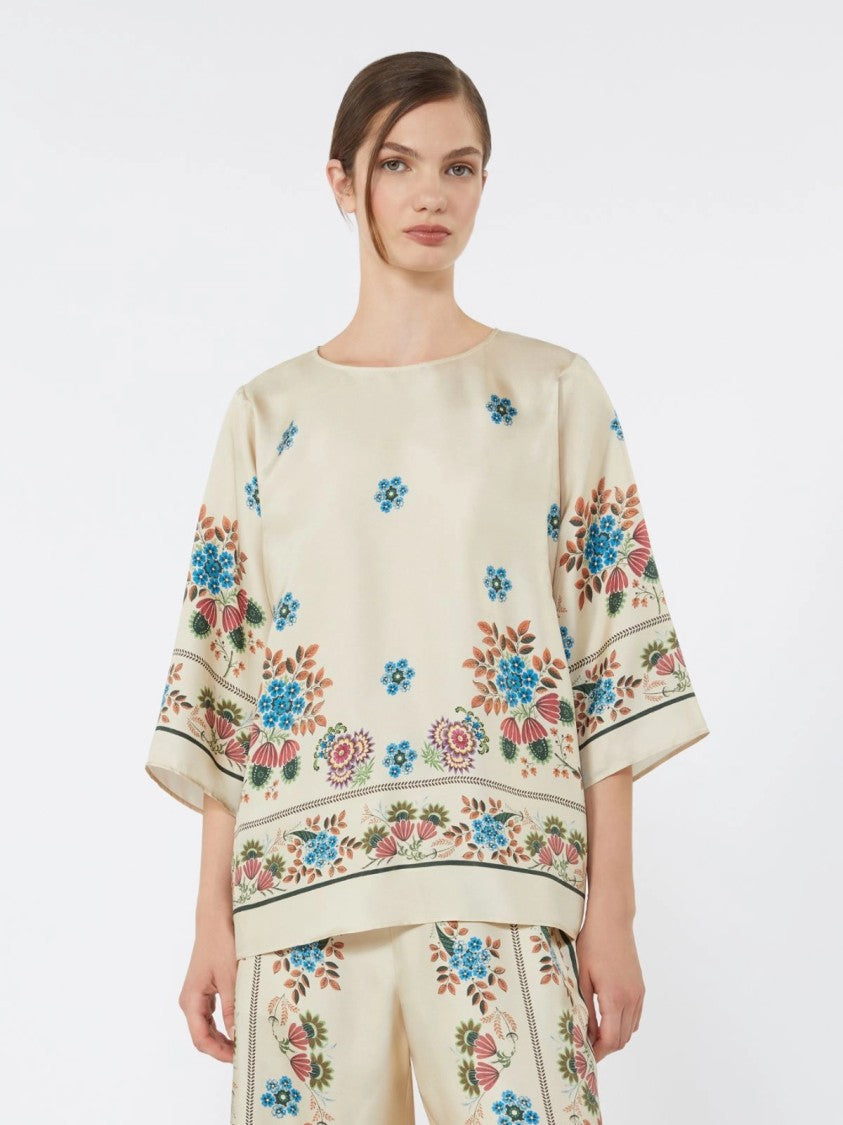 Max Mara Boxy Floral Print Top With Elbow-Length Sleeves