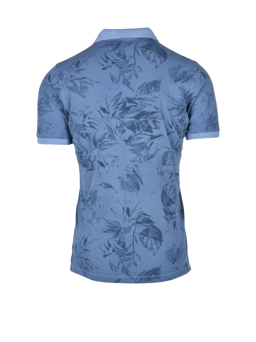 Fama Light Blue Leaf-Patterned Stretch Cotton Polo Shirt