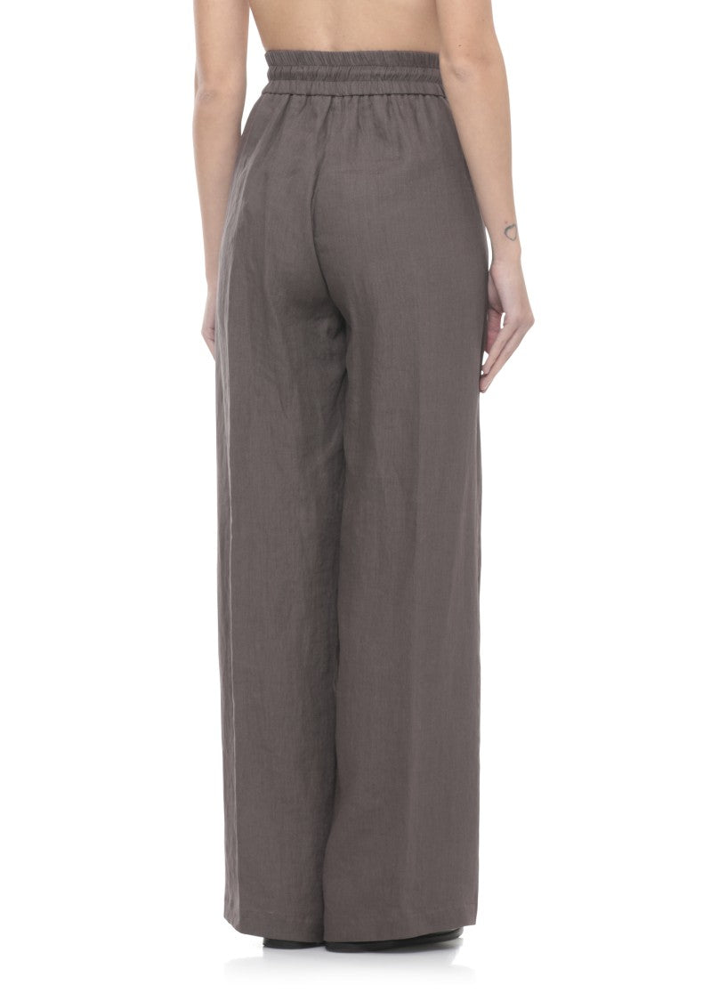 Panicale Brown Drawstring Linen Wide-Leg Pants