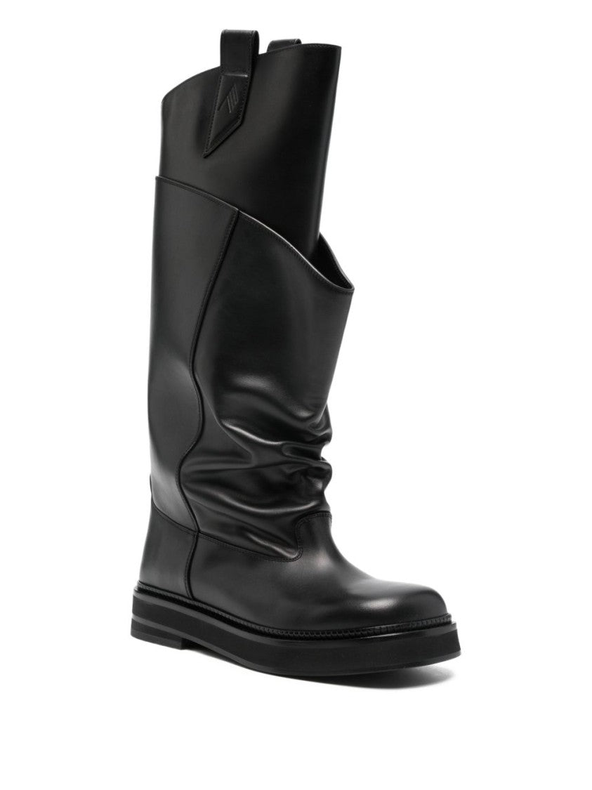The Attico Black Mid-Calf Leather Rounded Square Toe Boots