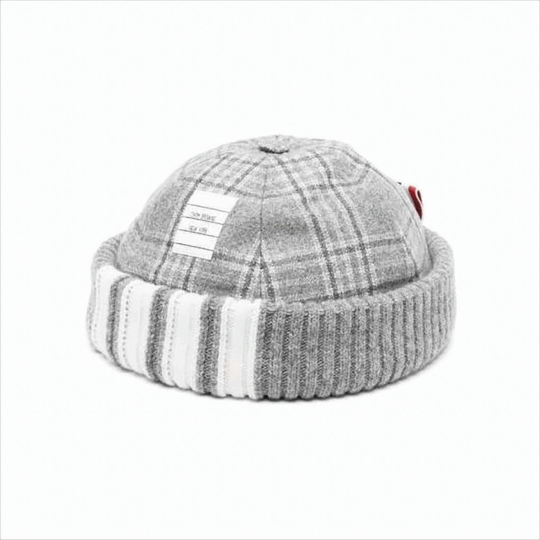 Thom Browne Ribbed Knit Hat With Grey Plaid Pattern And Striped Brim