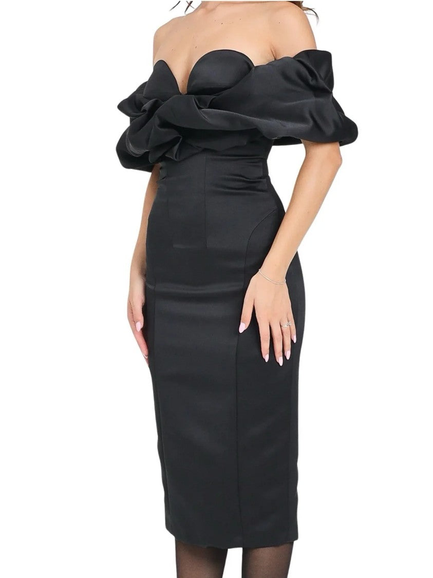 Elisabetta Franchi Black Satin Longuette Dress With Bustier Neckline
