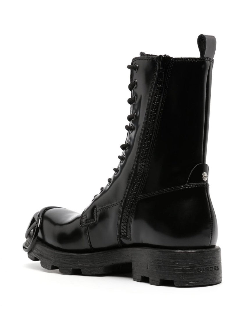 Diesel High Lace-Up Black Boots With Glossy Finish And Chunky Sole