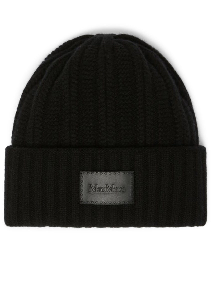 Max Mara Ribbed Knit Beanie With Leather Patch Detail