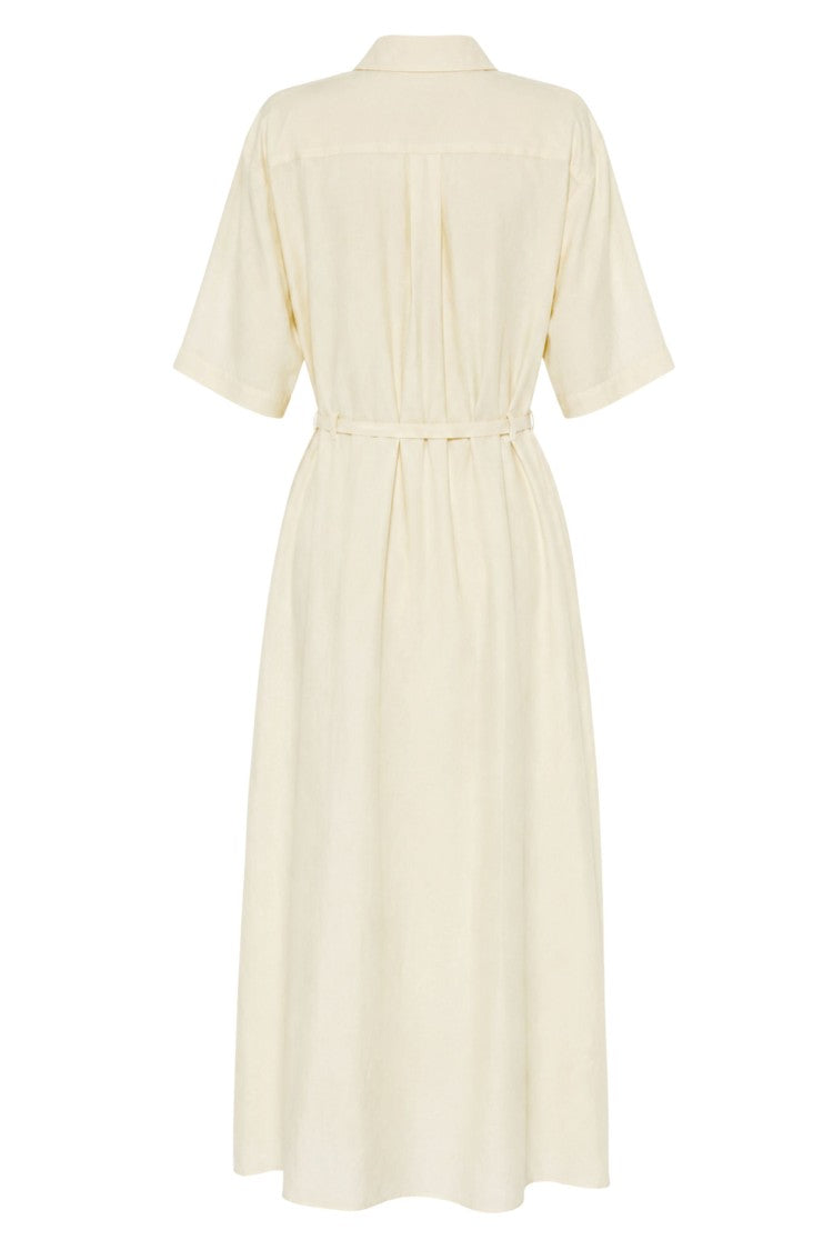 Tela Banana Cherry Buttoned Belted Linen-Blend Maxi Dress
