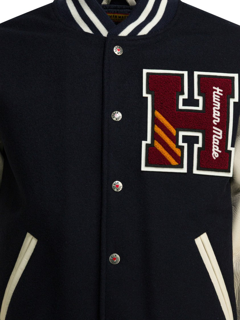 Human Made Varsity-Style Jacket With Contrast Leather Sleeves