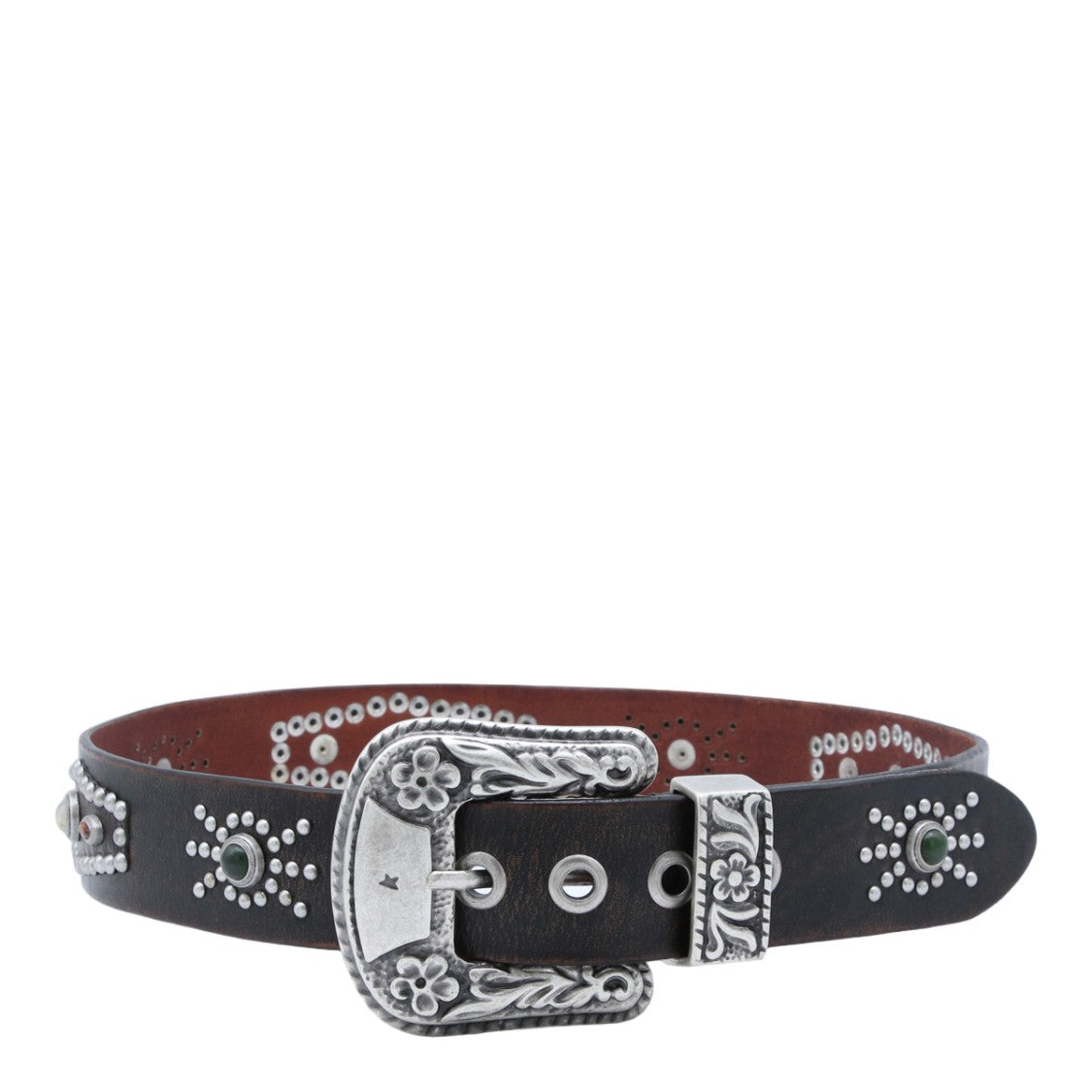 Golden Goose Dark Brown Leather Belt With Intricate Silver Engravings